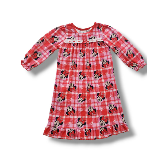 Disney Girls 24m Red Flannel Classic Minnie Mouse Nightgown Eyelit Lace - Picture 1 of 3